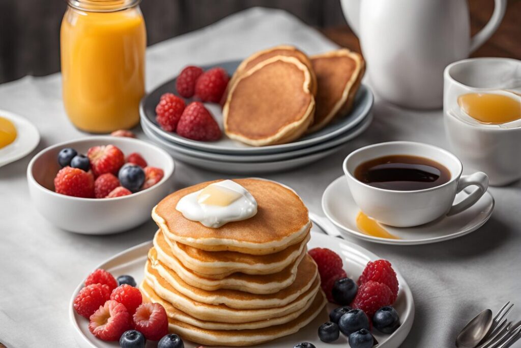 morning meal with fluffy pancakes and orange juice